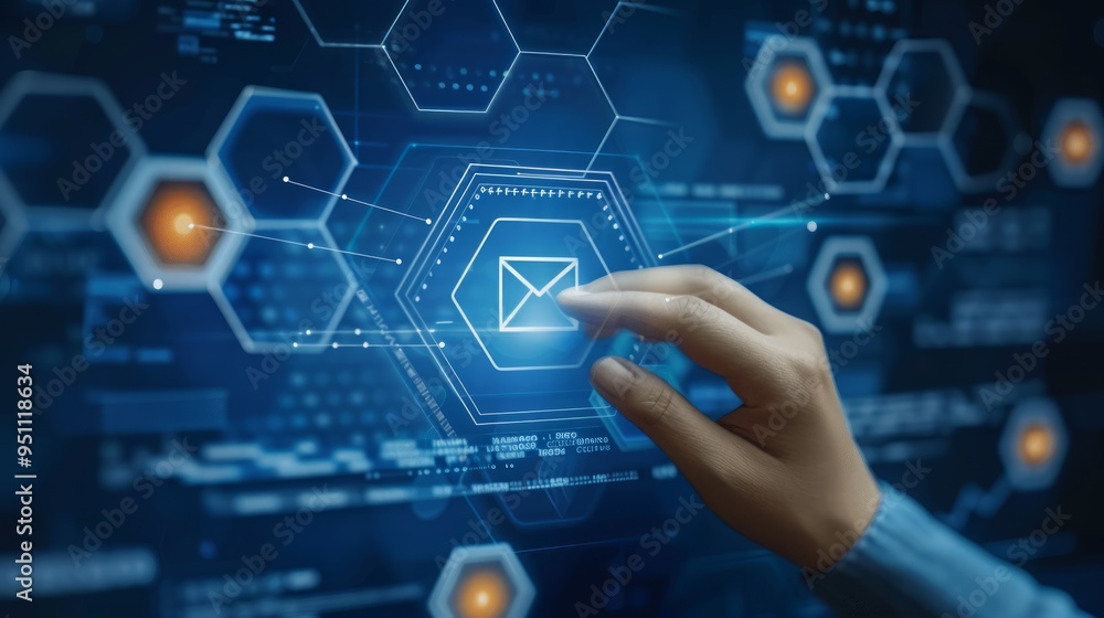 Poster a hand touching an email icon on a virtual screen. human hand touching futuristic virtual screen wit