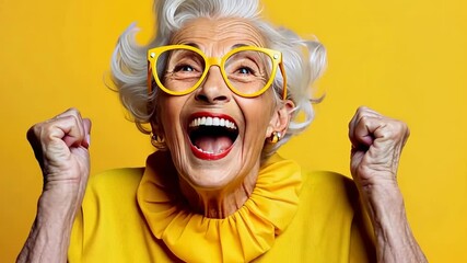 Cheerful elderly woman in bright yellow attire enjoying a sunny day while expressing joy and excitement