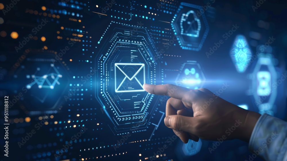 Poster a hand touching an email icon on a virtual screen. human hand touching futuristic virtual screen wit
