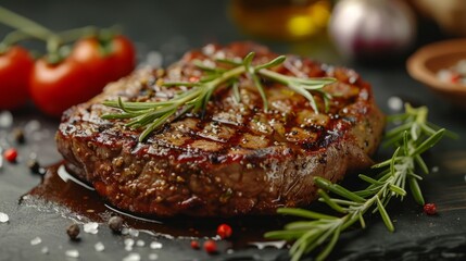 A perfectly grilled beef steak with rosemary and olive oil on the side, surrounded by fresh vegetables and spices for an appetizing visual feast of delicious meat dishes. Grilled beef fillet steaks wi