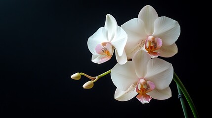 White Orchid Blooms with Pink and Orange Center on Black Background