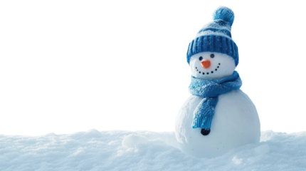 Snowman with blue hat and scarf standing in snow isolated on transparent background