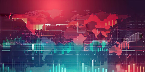An abstract background depicting the world map with varying levels of business activity, incorporating shades of red, blue, and green.