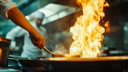 A chef uses a large spatula to stir food in a pan while flames shoot up from the pan.