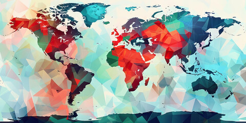 An abstract background depicting the world map with varying levels of business activity, incorporating shades of red, blue, and green.