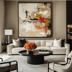Contemporary living room with a large abstract painting and a round coffee table.