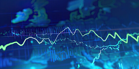 Obraz premium A line graph illustrating the stock market performance of top European companies, using shades of blue and green for clarity.