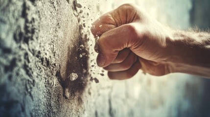 A clenched fist breaking through a wall, symbolizing anger, frustration, and aggression.