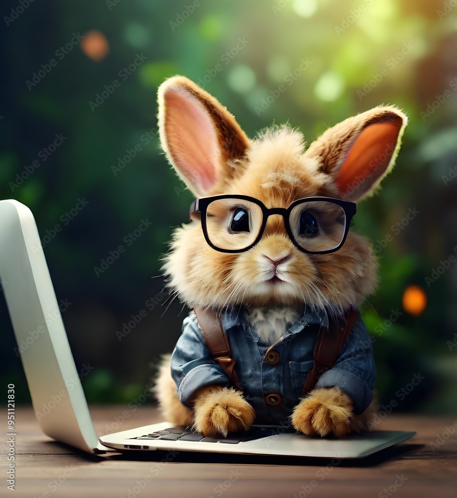 Fototapete Baby Rabbit with Laptop. A Furry Dwarf Rabbit Wearing Eyeglasses. E-learning Concept with Cute Adorable Animal on Bokeh Nature Background Generative AI


