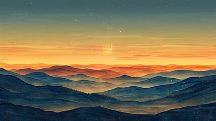 Obraz premium Abstract landscape card. Nature poster, crescent, moon. Modern contemporary minimalist style scenery, background. Peaceful calm pattern, wall art design. Trendy colored flat vector illustration