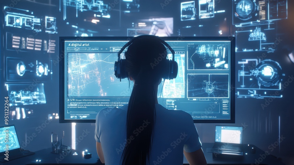 Poster futuristic virtual reality exploration in a high-tech command center