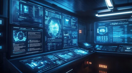 Obraz premium Futuristic Digital Command Center with Holographic Displays