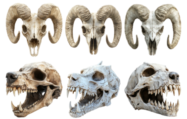 Animal skulls showcasing different species isolated on transparent background