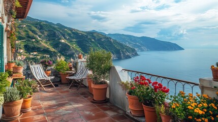 Fototapeta premium Beautiful terrace overlooking the sea. Ligurian coast, Italy