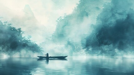 Fototapeta premium A lone fisherman in a small boat amidst swirling morning mist, the watercolor painting style emphasizing the ethereal and peaceful setting