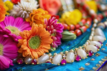 Vibrant Floral Arrangement with  Ornate Jewelry and a Blue Background