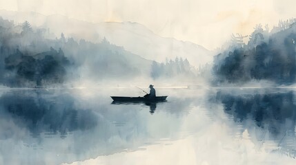 A tranquil fisherman alone on a foggy lake, soft watercolor strokes depicting the misty morning atmosphere, the calm waters reflecting the serene scene