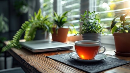 A clean and organized workspace with a laptop, a to-do list, and a cup of tea, suggesting productivity and the formation of effective work habits. The background is bright and clutter-free, 