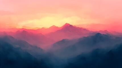 Fototapeta premium Majestic mountains glowing in sunset hues, impressionistic oil painting style, thick and bold strokes, warm pink and orange tones, hand-painted texture.