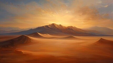 Naklejka premium A tranquil desert scene at sunset, with smooth dunes and a rich color palette, the texture of the sand delicately portrayed in hand-brushed oil painting technique