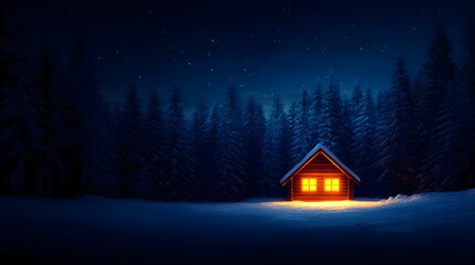 A cozy wooden cabin, isolated in a dense snowy forest, oil painting style, deep blue shadows cast by trees, textured brushstrokes, warm glow from the cabin's windows