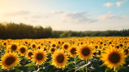 Fototapeta premium A sunflower field painted with lively strokes, bright and bold oil colors, thick textures, natural scene under a clear sky, traditional art style, hand-crafted detail