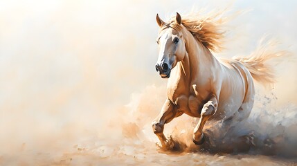 Naklejka premium A wild horse in full stride, its mane flowing, hand brush painting, dynamic and energetic, warm and cool tones blending, oil painting technique.