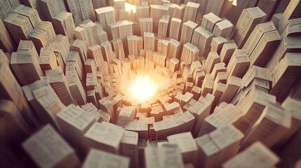 An abstract illustration of democracy, featuring a maze-like structure made of paper ballots. The paths within the maze converge at the center