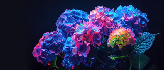 Obraz premium Vibrant Neon Hydrangeas in Dark Night