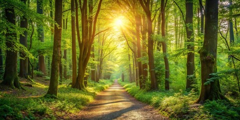 Obraz premium A serene forest path illuminated by sunlight, perfect for exploring nature's beauty