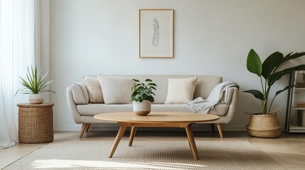 Modern living room interior design with wooden coffee table, beige sofa, and green plant.