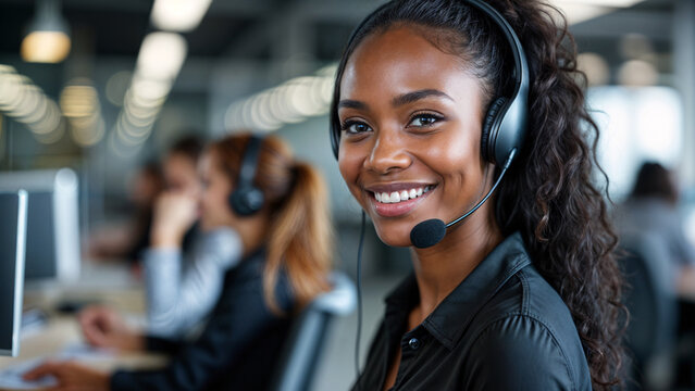 A smiling african american woman in a black shirt and headphones, working as a customer service representative, sitting at a desk in an office environment with diverse coworkers in the background