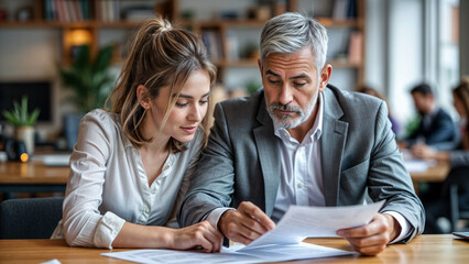 Obraz premium An older man with gray hair in a suit and tie and a young woman with her hair in a ponytail, wearing a white shirt, are seated at a table, reviewing papers together in a professional setting