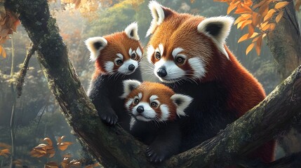 Fototapeta premium Red Panda Mother and Curious Cubs in Treetop Habitat Preservation