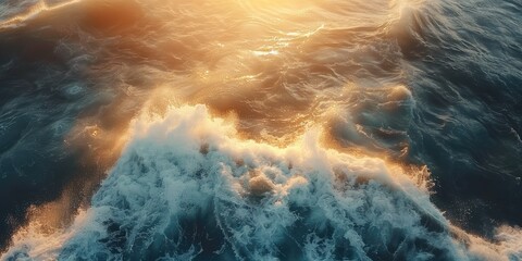 Aerial perspective of stunning ocean waves against a backdrop of the sunrise sky