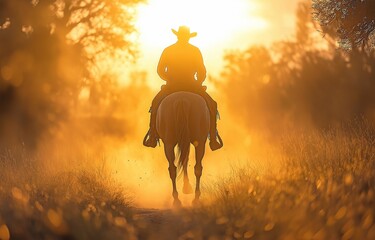 Obraz premium As dusk draws in, a cowboy on a horse gallops along a trail covered in dust.