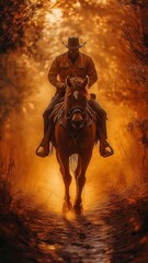 As dusk draws in, a cowboy on a horse gallops along a trail covered in dust.