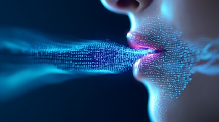 Close-up of a mouth with soundwaves morphing into lines of text, emphasizing the seamless transition of speech-to-digital text technology