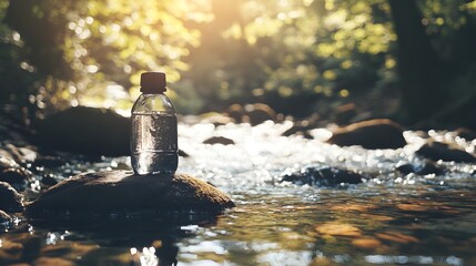 A Solitary Water Bottle on a Rock in a Peaceful Babbling Brook