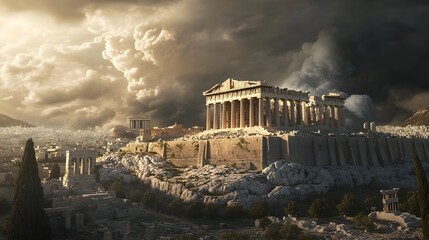 Naklejka premium Acropolis of Athens in Ruins Under Ominous Cloudy Sky