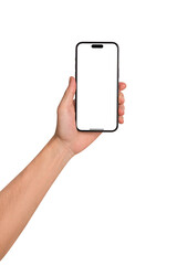 Hand showing smartphone with blank screen isolated on white background. Concepts for business finance, Concept technology, Concept product advertising and Concept marketing. Image high quality for you