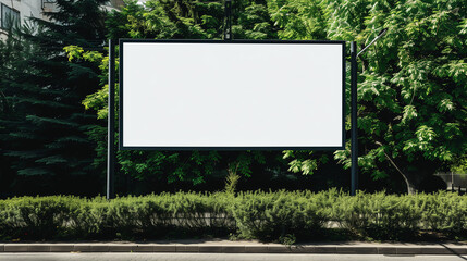 A large white billboard is in front of a green bush. The billboard is empty and has no writing on it