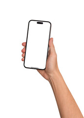 Hand showing smartphone with blank screen isolated on white background. Concepts for business finance, Concept technology, Concept product advertising and Concept marketing. Image high quality for you
