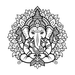 Henna tattoo style vector illustration of Indian God Ganesha, mandala design, symmetrical pattern on white background.