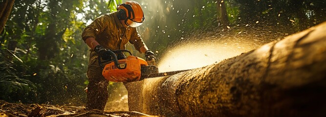 Sawdust is flying as a labourer in a deep forest surrounded by trees cuts down a fallen log with a chainsaw.