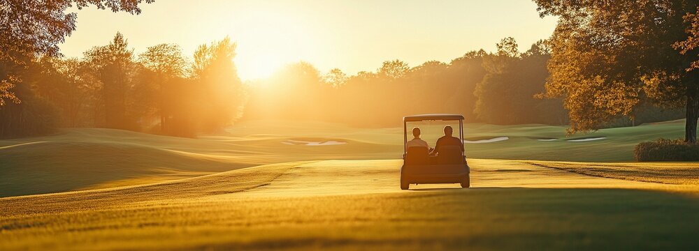 couple enjoying a round of golf together while driving a buggy along the course