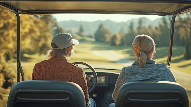 couple enjoying a round of golf together while driving a buggy along the course