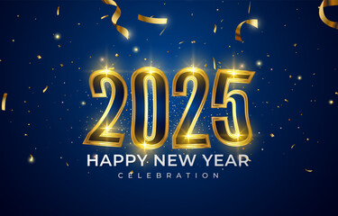 2025 happy new year template banner with modern 3d text effect and beautiful luxury shiny ornament abstract gradient blue background design