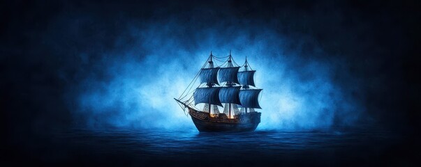 A mysterious ship sailing through fog, illuminated by blue light, creating an enchanting and dramatic atmosphere on the water.