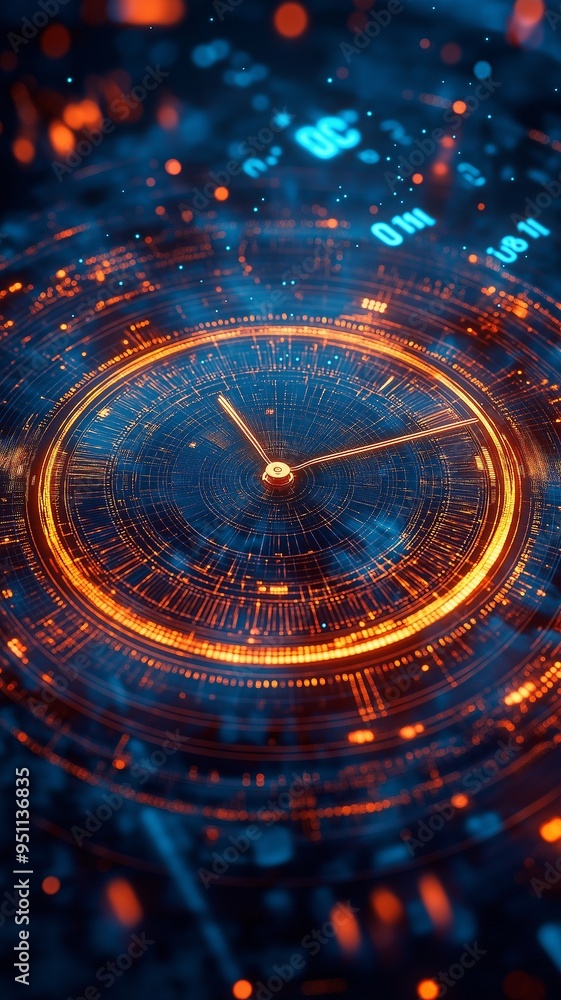 Wall mural future-looking timepiece visage with digital data all around it is counting down.